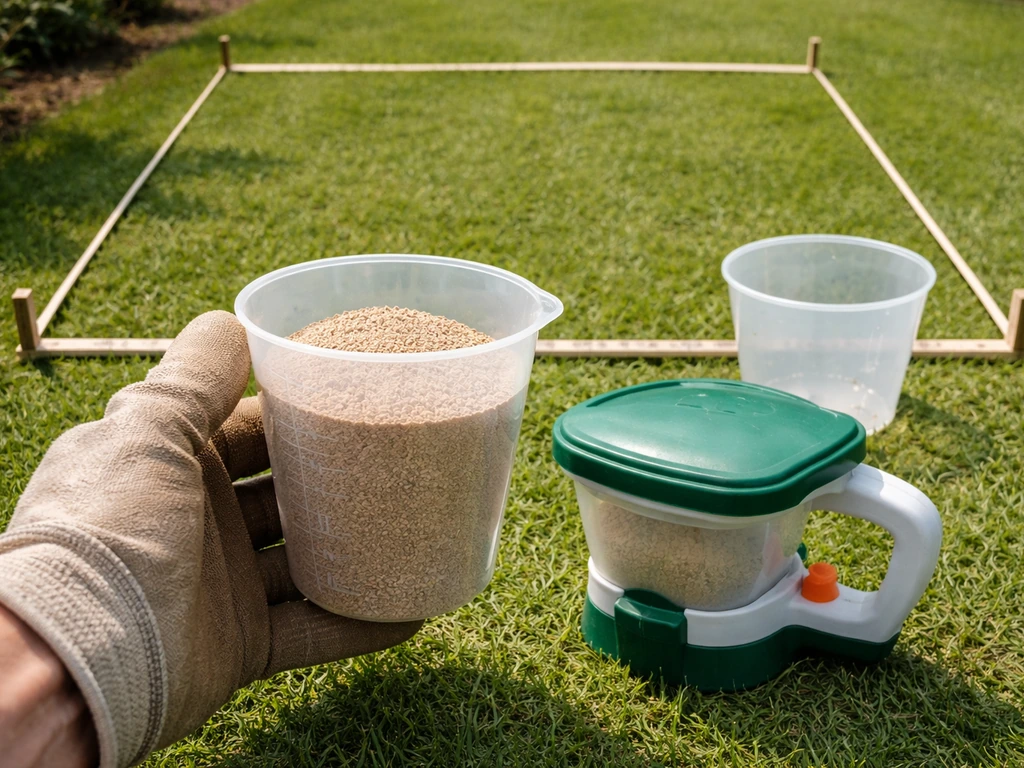 Hand met maatbeker en poeder naast strooier op gras met zichtbare hoeveelheid per m²-schaalverdeling