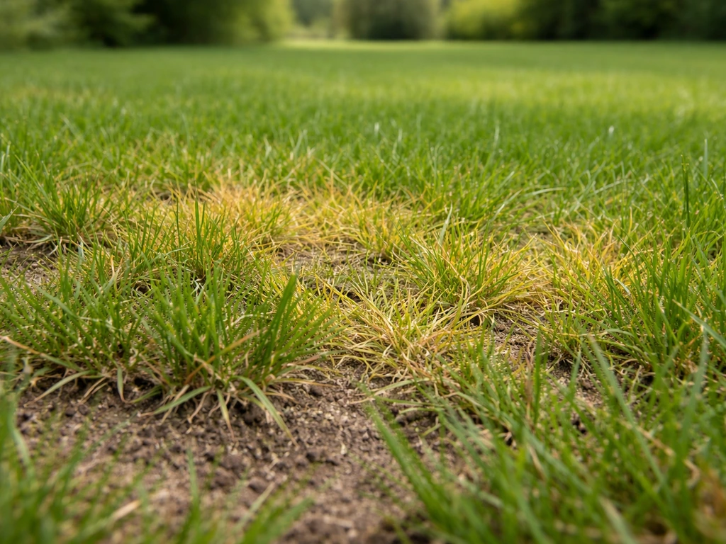 Close-up van gras met gele, verminderde groei door overdosering van fosfaat, met onscherpe achtergrond.