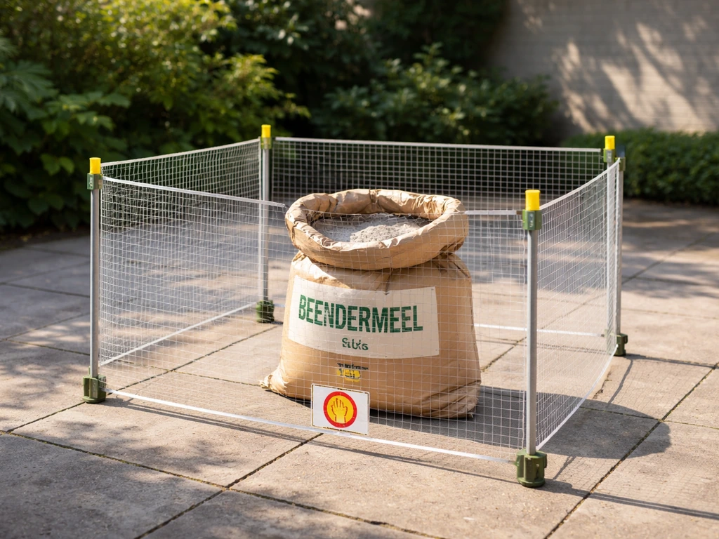 Geopende zak beendermeel op de grond met een afgesloten afscherming om honden en kinderen buiten te houden.