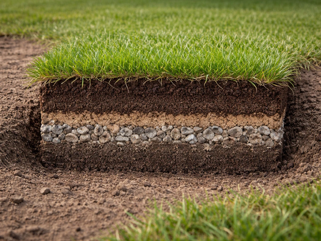 Doorsnede van een verhoogd gazon met duidelijke lagen: substraat, drainage en wortelzone in een minimalistische, realist