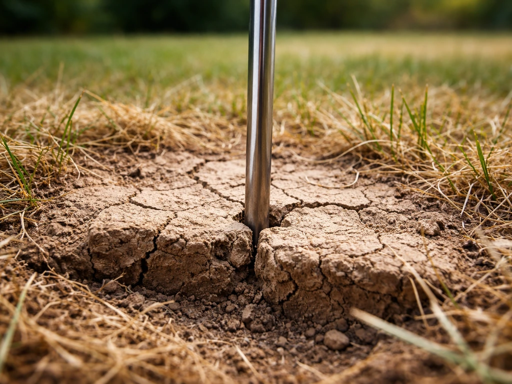 Close-up van verkleurd gras en kurkdroge bovenlaag met een bodemprobe die moeilijk de grond ingaat.