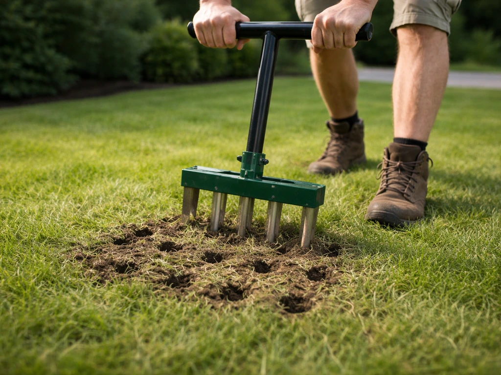 Tuinman belucht een verhoogd gazon; holle pennen prikken gaten in verdichte grond, met zicht op boorgaten.