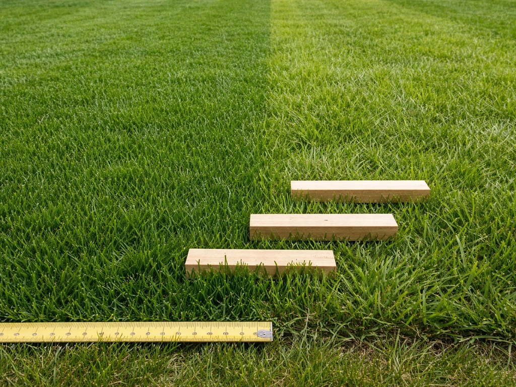 Close-up van twee soorten gras op een gazon met meetlint en verschillende maaihoogtes in cm-indicatoren.