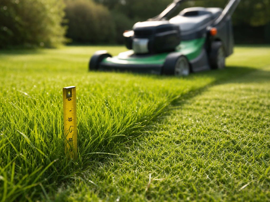 Gazon in het voorjaar met grasmaaier en een meetlint bij een graspol, ingesteld op 4–5 cm.