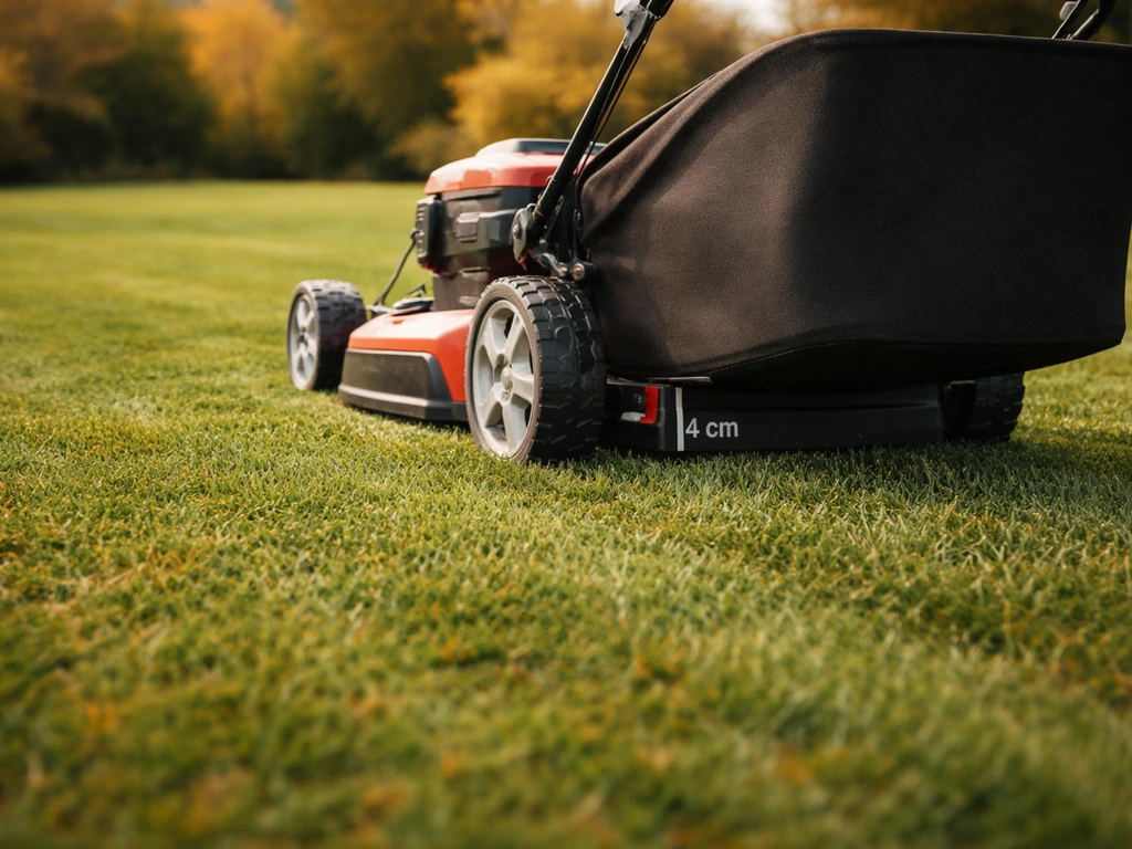 Grasveld in nazomer, maaier aan het werk met zichtbare maaihoogte rond 4 cm