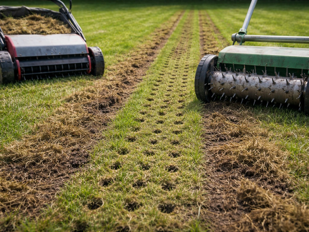 Verticutten en beluchten in een gazon met beluchtingsgaatjes en zichtbaar verwijderd mos/vilt.