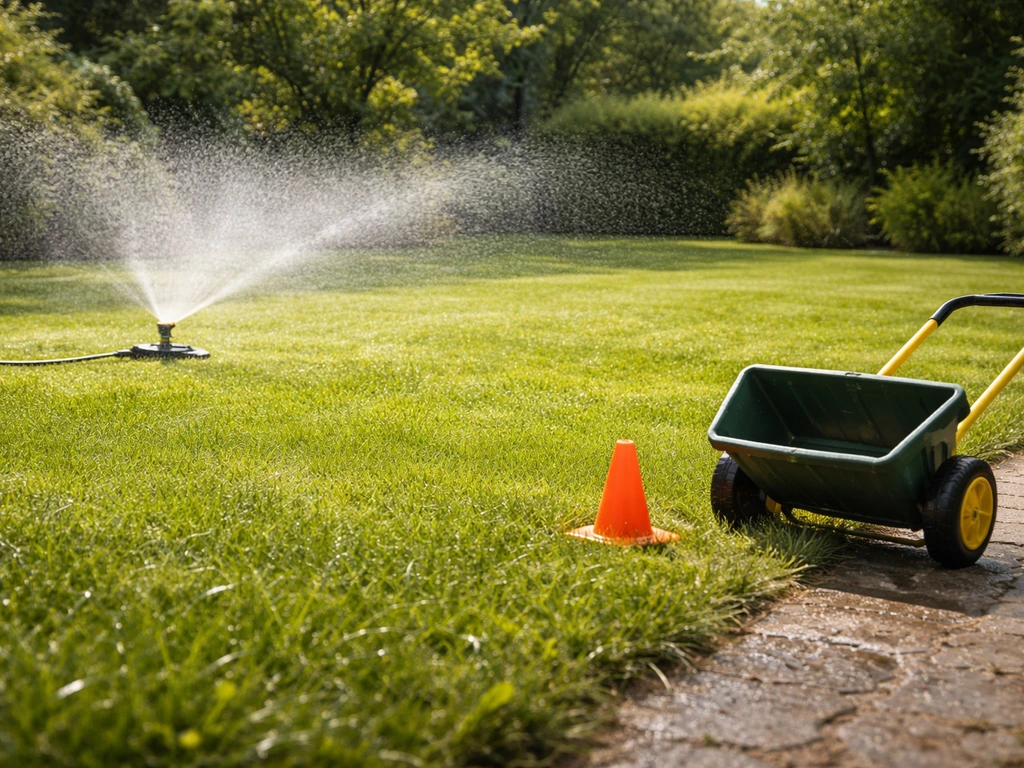 Zomergazon met sproeikop en tuinslang die net beregent; warme-hitte waarschuwing zonder tekst naast het gras.