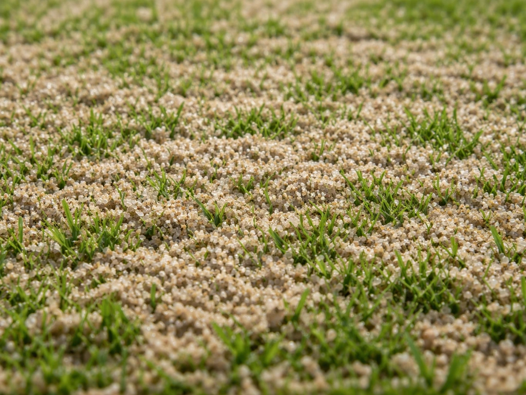 Close-up van fijn topdressingzand (0–2 mm) dat gelijkmatig op een groen gazon is uitgespreid.