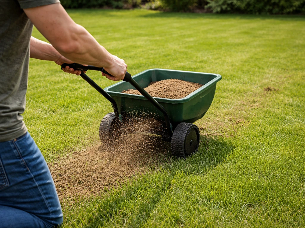Handen die met een handstrooier een dunne laag topdressing uitbrengen op een net gemaaid gazon.