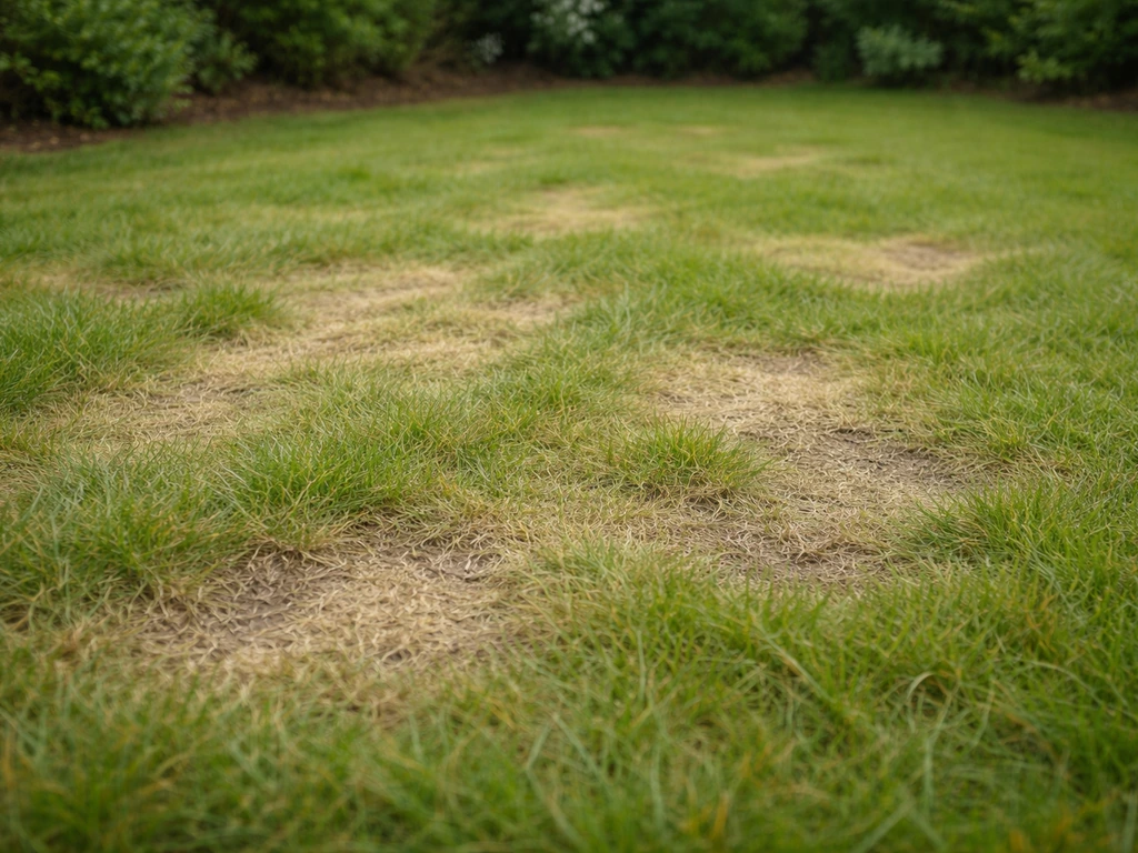 Ongelijk, bleek gazon met sporen van een te dikke toplaag; gras dat na weken nog herstelt.