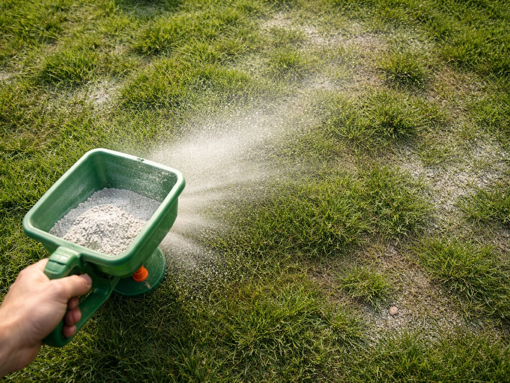 Overheadfoto van lavameel dat gelijkmatig over een groen gazon wordt gestrooid met poeder op gras en bodem