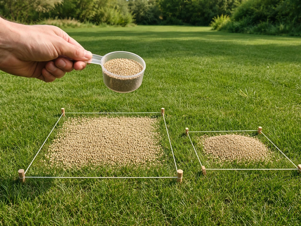 Afgebakende 1 m² graszone met twee zichtbare strooihoveelheden mestkorrels, bij een maatbeker/lepelsituatie.