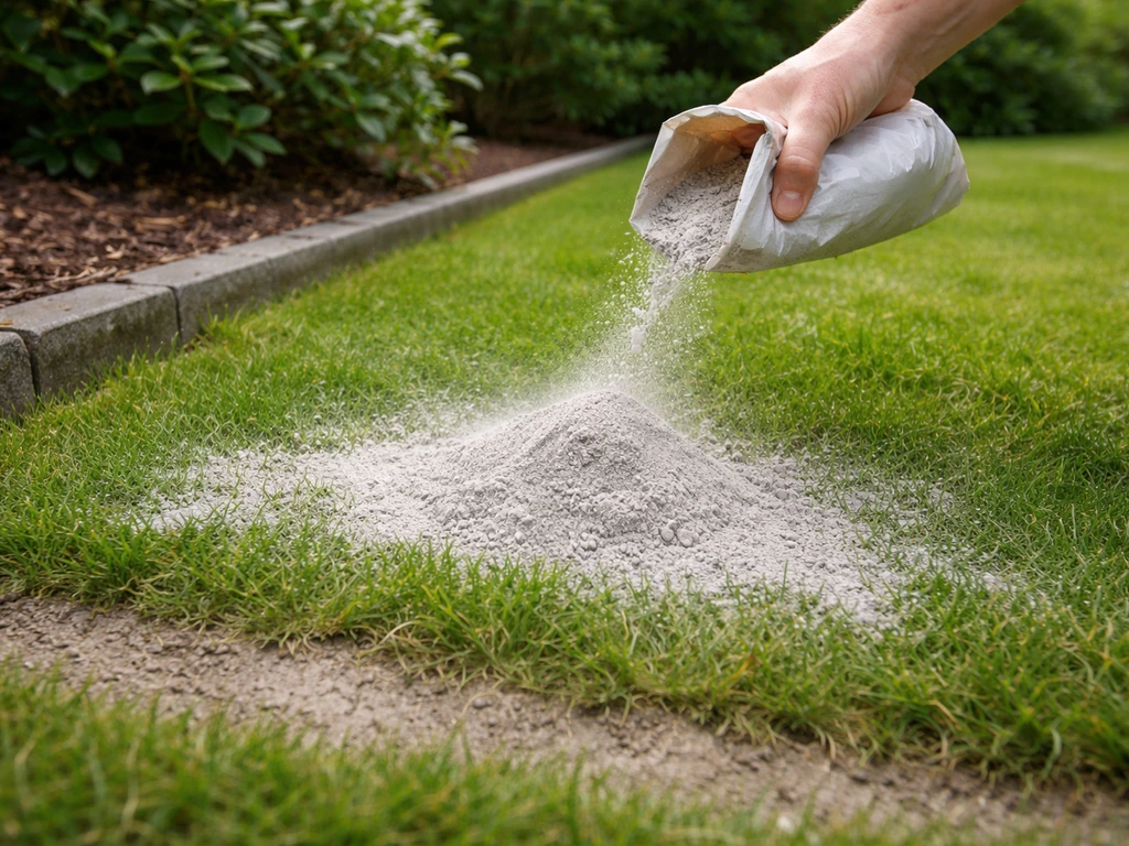 Hand en kleine kiepzak lavameel boven gazon, zichtbare ongelijke strooiing op gemaaid gras