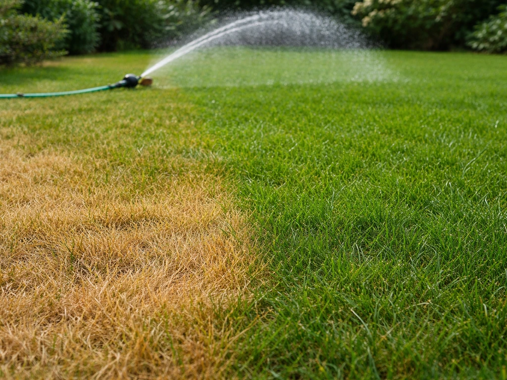 Geel/bruin strookje gazon naast gezond groen, met tuinsproeier op achtergrond die royaal water geeft