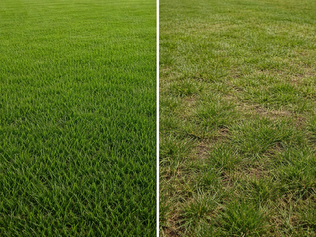 Twee stukken gazon: links strak, dicht en egaan groen; rechts minder ega en ijler gras