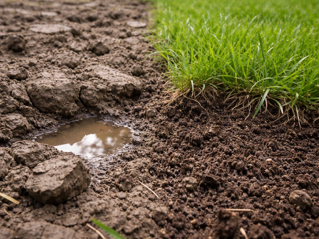 Close-up van verdichte, natte kleigrond met stilstaand water naast een losser, gezond groeiend stuk gras.