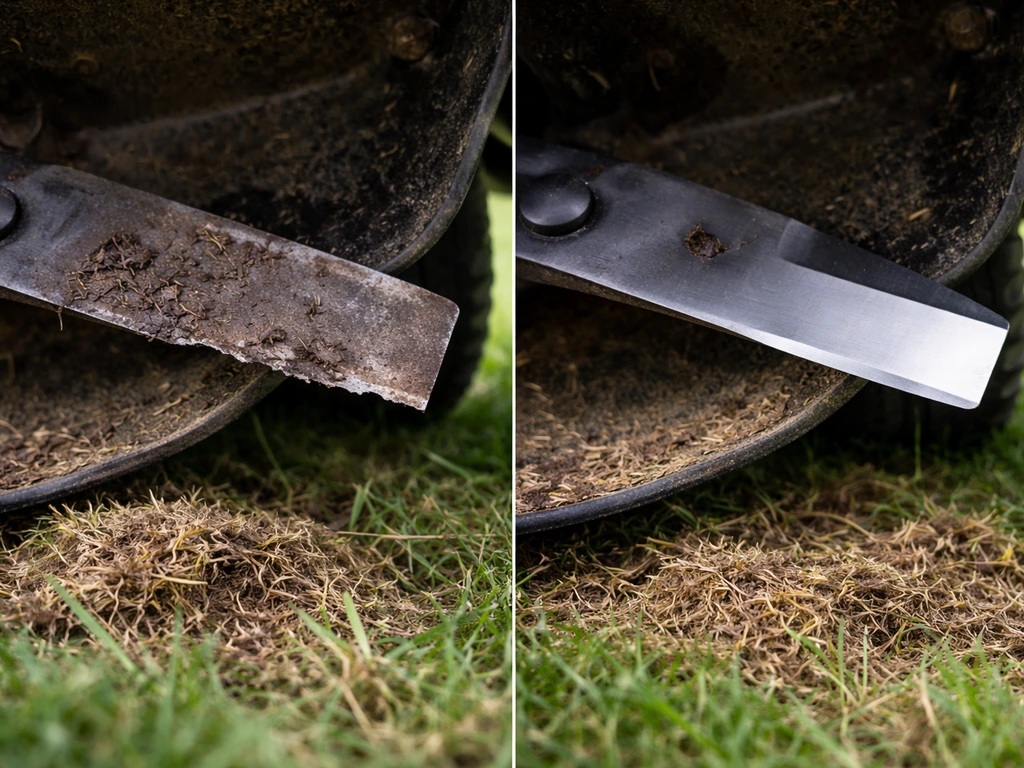 Close-up van maaiermes: bot vs. scherp mes, met gedroogde maaiselresten in het maaihvezel.