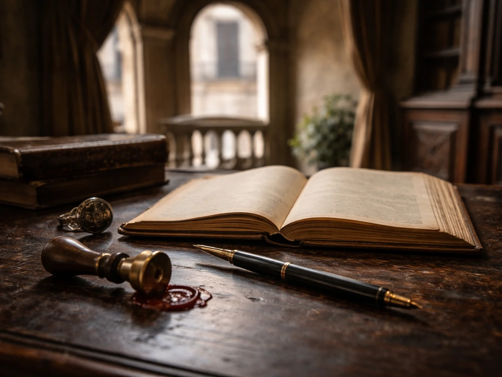 Antique noble desk scene with signet ring, wax seal stamp, and aged papers in soft natural light.