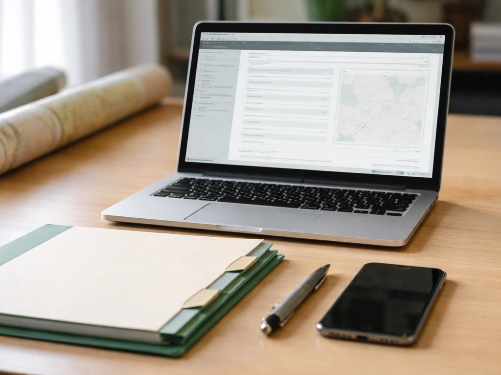 Close-up of an Italian land registry desk scene with a computer showing a generic records interface