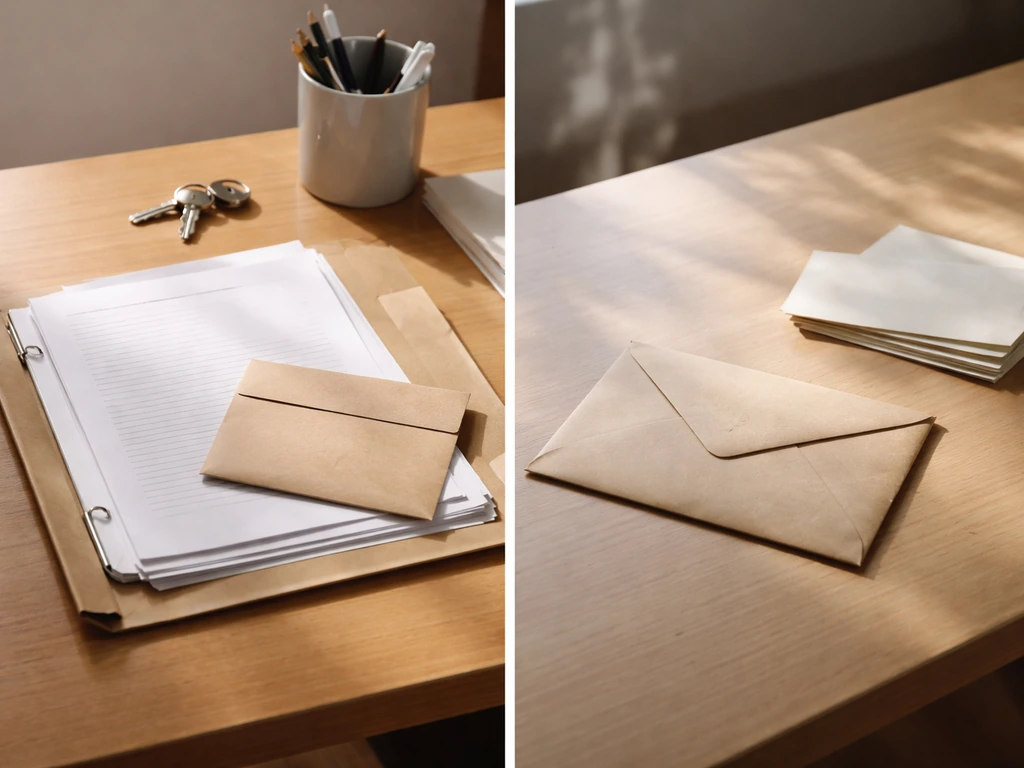 Minimal desk scene split into two halves, one side with document folder and key, the other with blank notes.