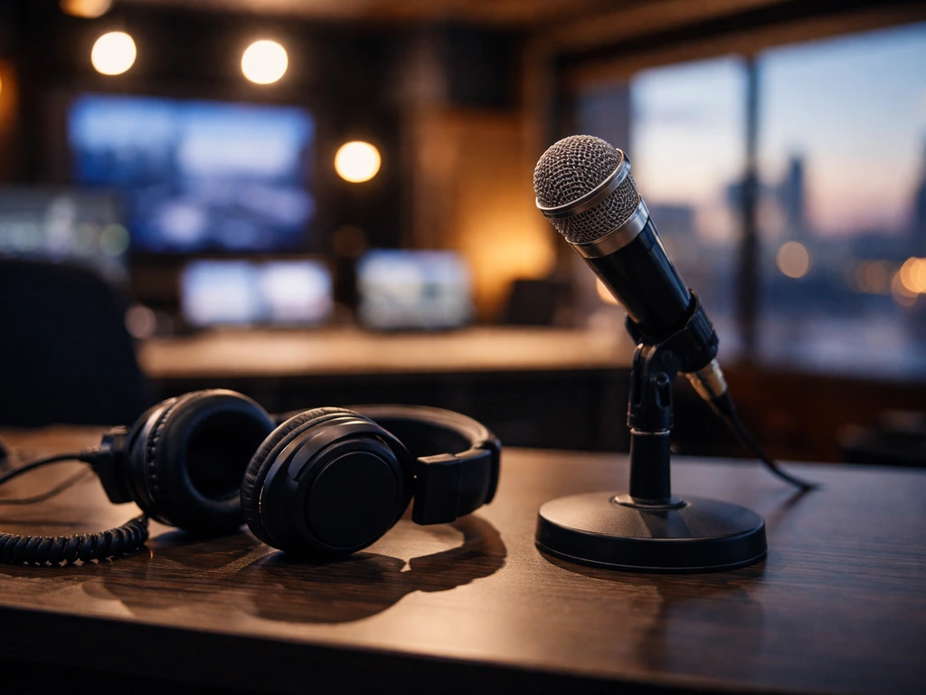 Anonymous media studio desk with a microphone and headphones, hinting at an entertainment business identity.