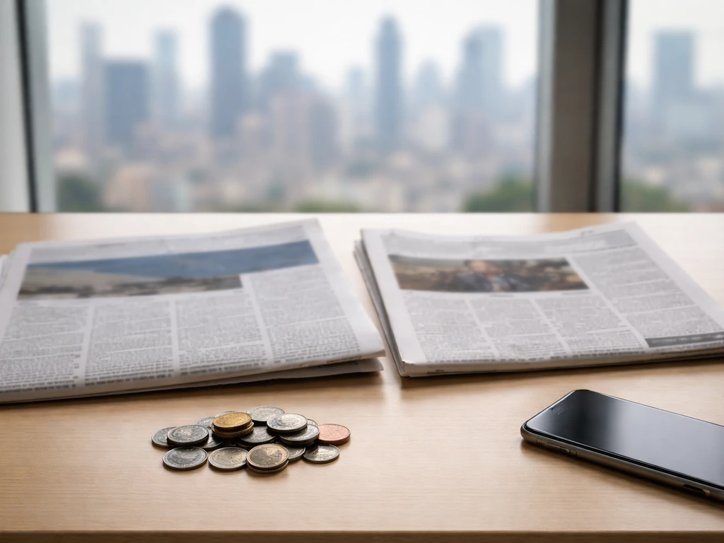 Minimal desk scene with newspapers and coins, suggesting conflicting financial reports and valuations.