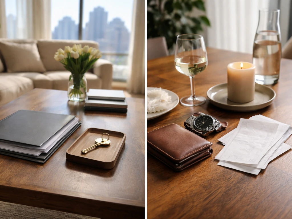 Split image: key and property folder beside a tidy dining table with wallet and blank receipts.