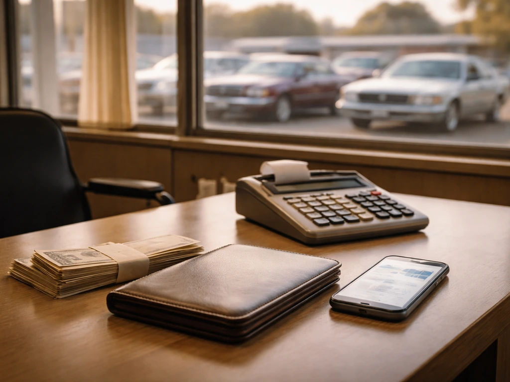 Used car dealership office desk with cash envelopes and a smartphone showing finance-related browsing, no people.