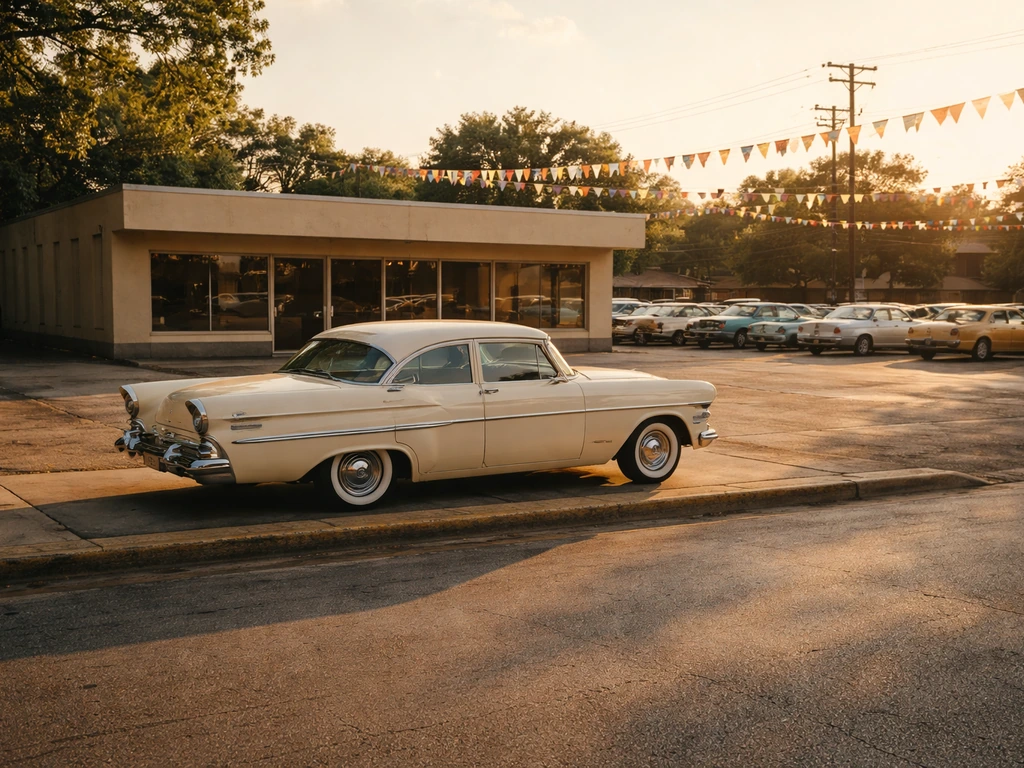 Vintage used car in an Austin dealership lot, quiet archival-style scene with no visible people or text.