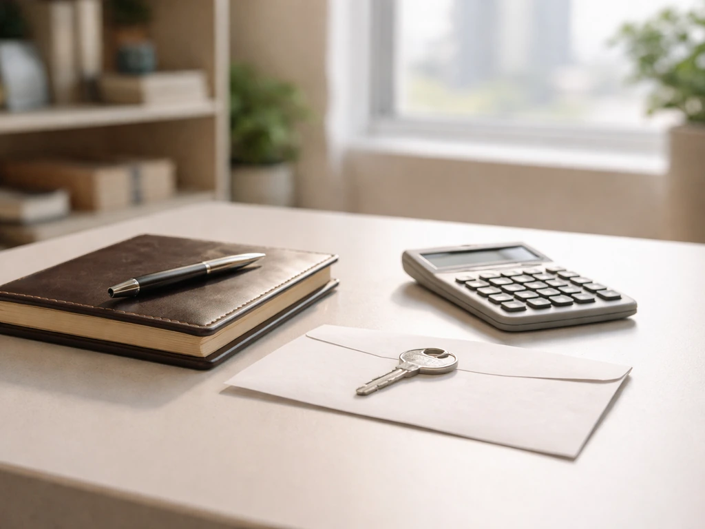 Minimal desk scene with calculator and notebook suggesting estimating assets and liabilities for net worth.