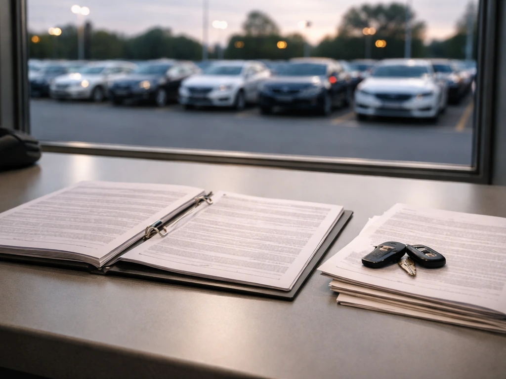 Open loan documents and car keys on a dealership desk with blurred lot outside, suggesting financing pressure and risk.