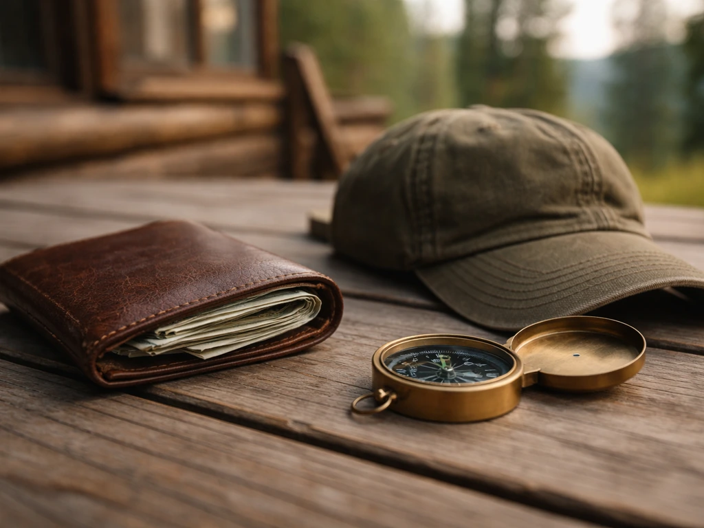 Close-up of a weathered leather wallet and US cash beside an outdoor hunting cap in natural light
