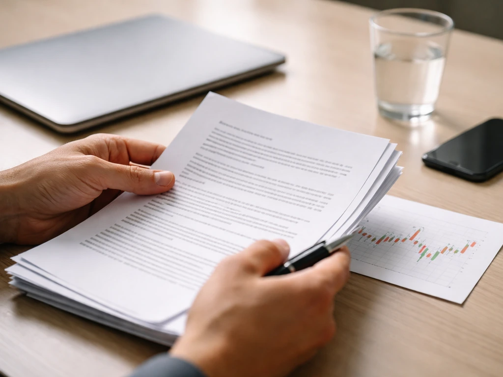 Close-up of a hand reviewing investment documents beside a laptop in a quiet home office