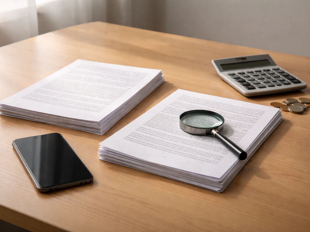 Office desk with printed documents, calculator, coins, and a magnifying glass suggesting differing net worth estimates