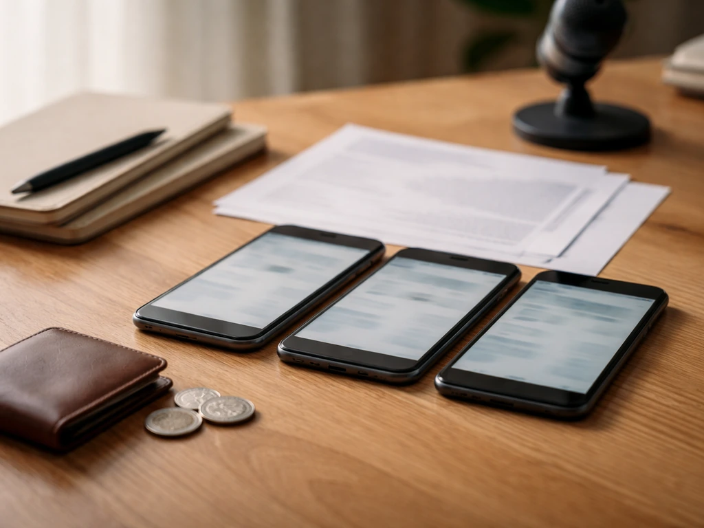 Minimal desk scene with several blurred smartphone screens showing different financial figures