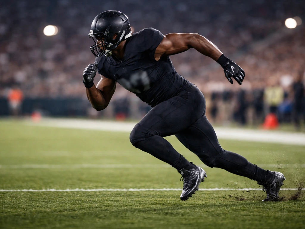 Generic NFL defensive player sprinting on the field during active game action, stadium softly blurred behind.