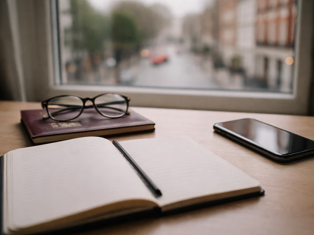 Desk with passport, glasses, and notebook near a window showing blurred London street.