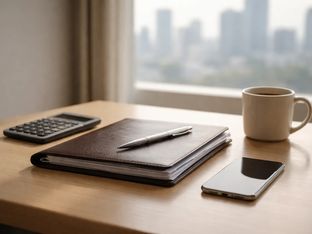 Sunlit office desk with business documents, a calculator, and a smartphone beside a cup of coffee