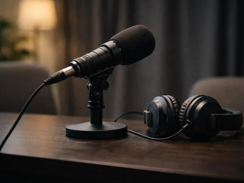 Anonymous media setup with microphone in a quiet studio, suggesting a mental-health TV interview