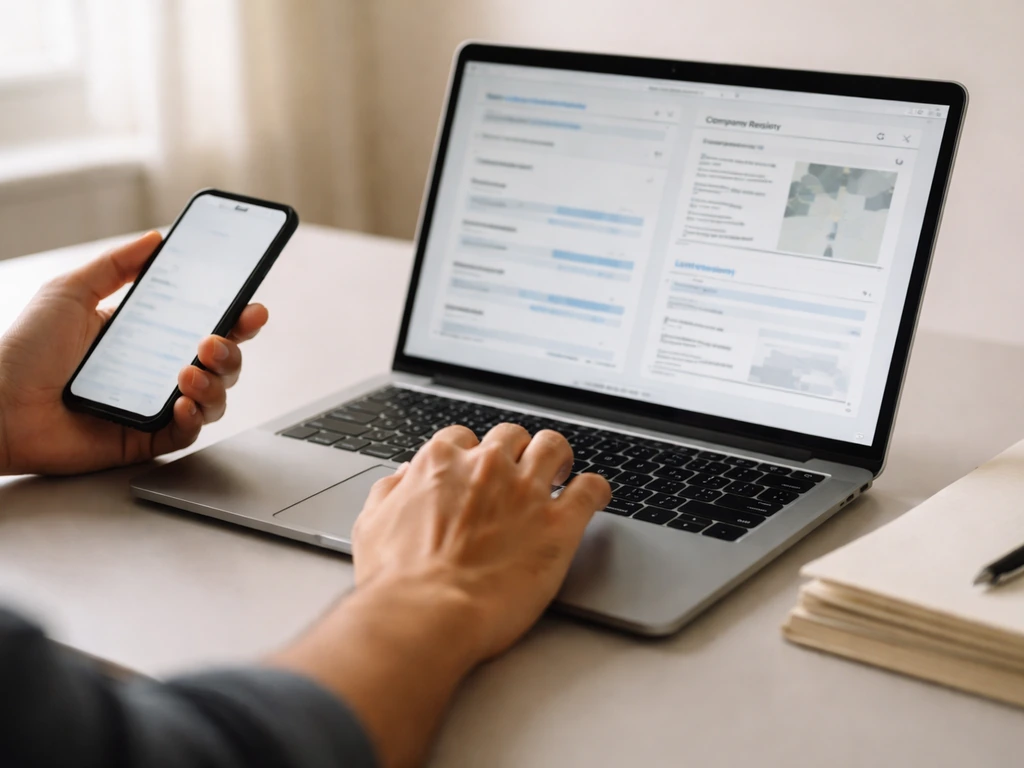 Person cross-checking company and property records on a laptop with spreadsheets nearby