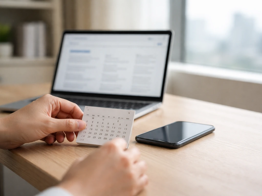 Minimal desk scene with a calendar page and laptop for periodic business record checks