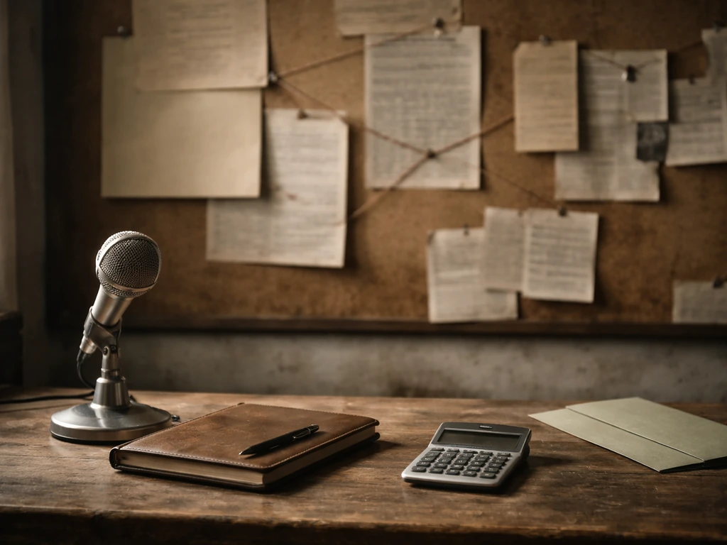 Archival desk scene with pinned journalist notes and folders, symbolizing investigative work and net-worth interest.