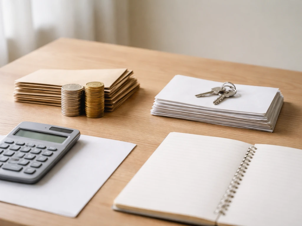 Minimal desk scene with calculator and two unlabeled piles symbolizing assets versus liabilities.