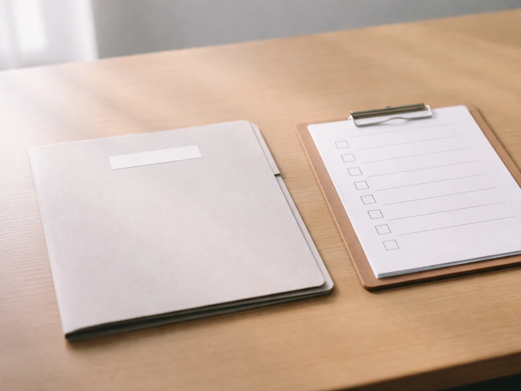 Manila file folder and an empty checklist board on a desk, suggesting missing public record filings.
