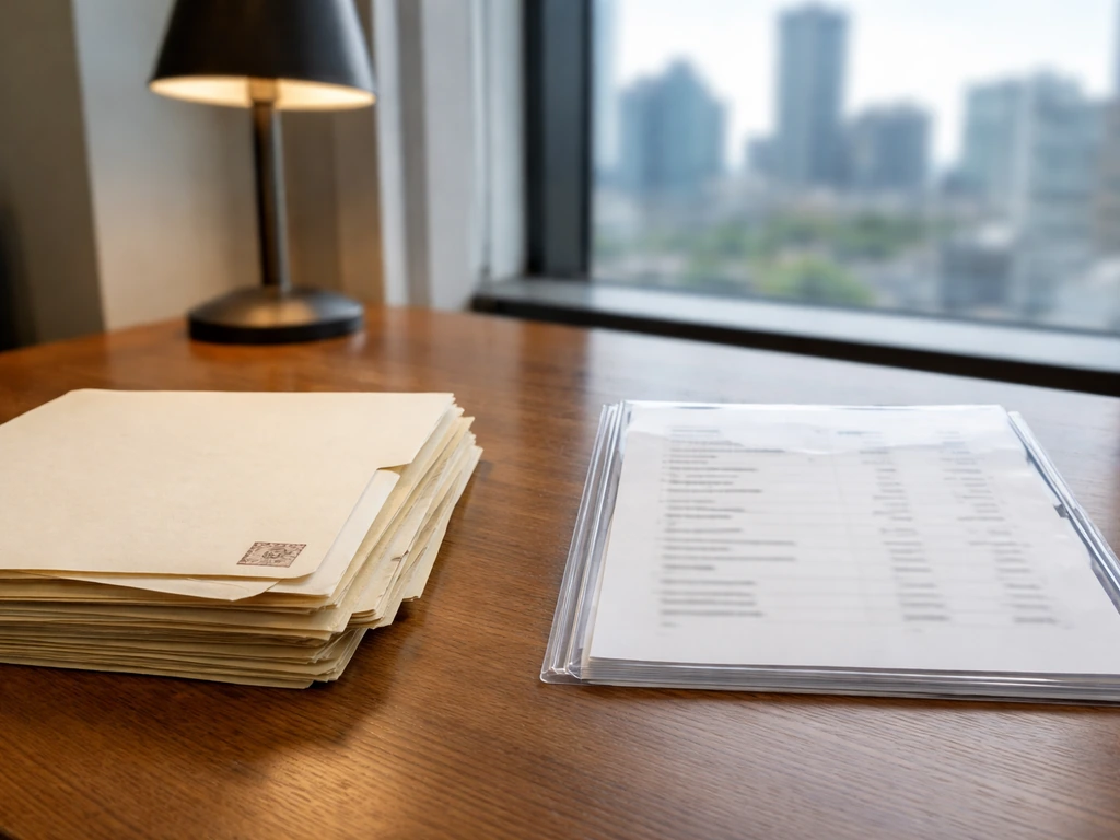 Desk scene with manila court-filing folders beside a generic earnings estimate sheet, no readable text.