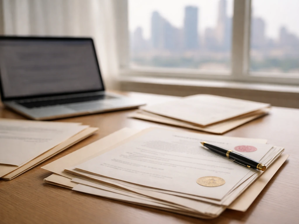 Minimal office desk with legal-style financial documents and pen under natural light.