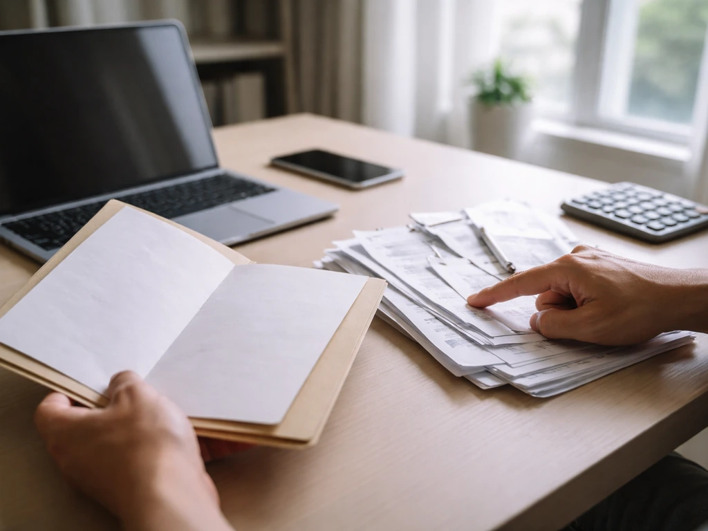 Hands reviewing blank financial papers and receipts on a desk with a laptop and calculator nearby.