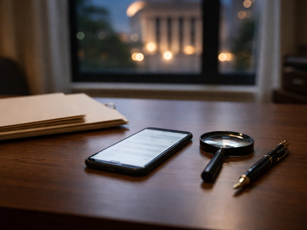 Home office desk with blurred smartphone screen and magnifying glass symbolizing surname misattribution.