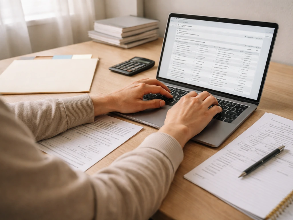Person at a desk reviewing nonprofit filing documents beside a laptop screen and printed notes