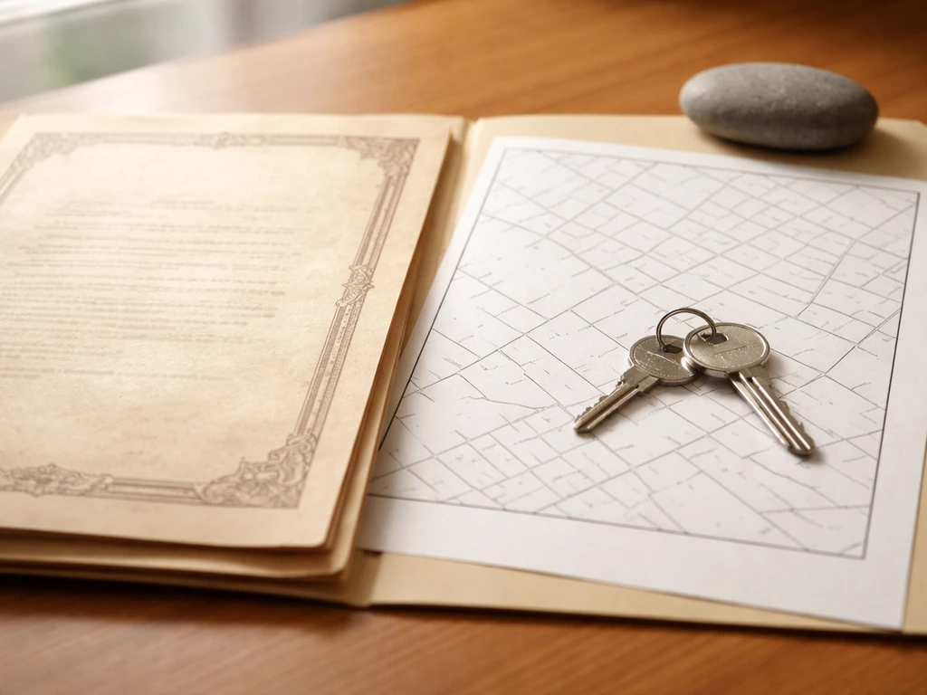 Close-up of deed-style document and parcel map on a wooden desk with keys, under natural light.